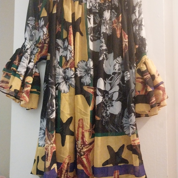 Shirred off the shoulder neckline ruffled bell sleeve multi colored print blouse - Picture 2 of 4